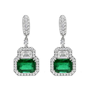 18K Emerald Cut Emerald & Diamond Drop Earrings